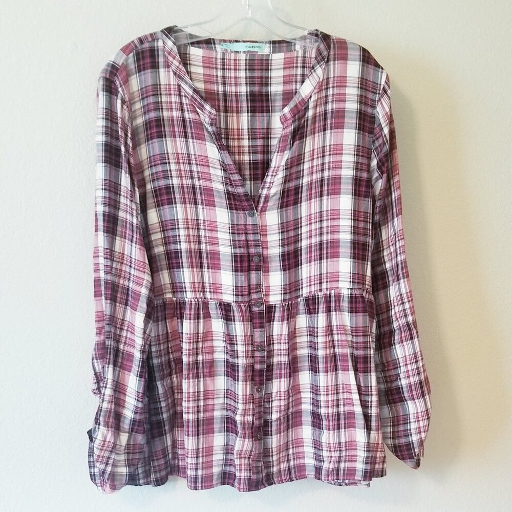 Cranberry Black Cream Plaid Long Sleeve V-Neck Top